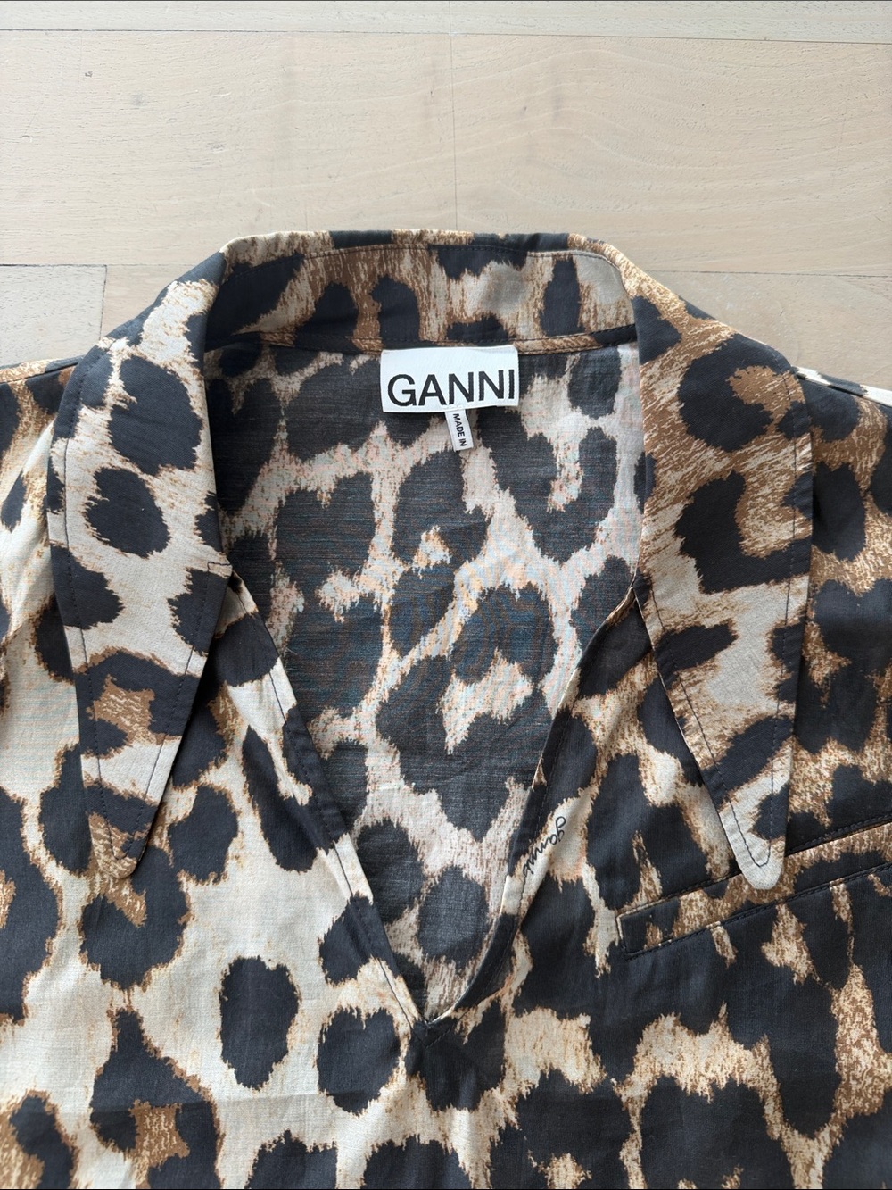 Ganni Leopard-Print Short Sleeve Oversized V-Neck Tunic View 2